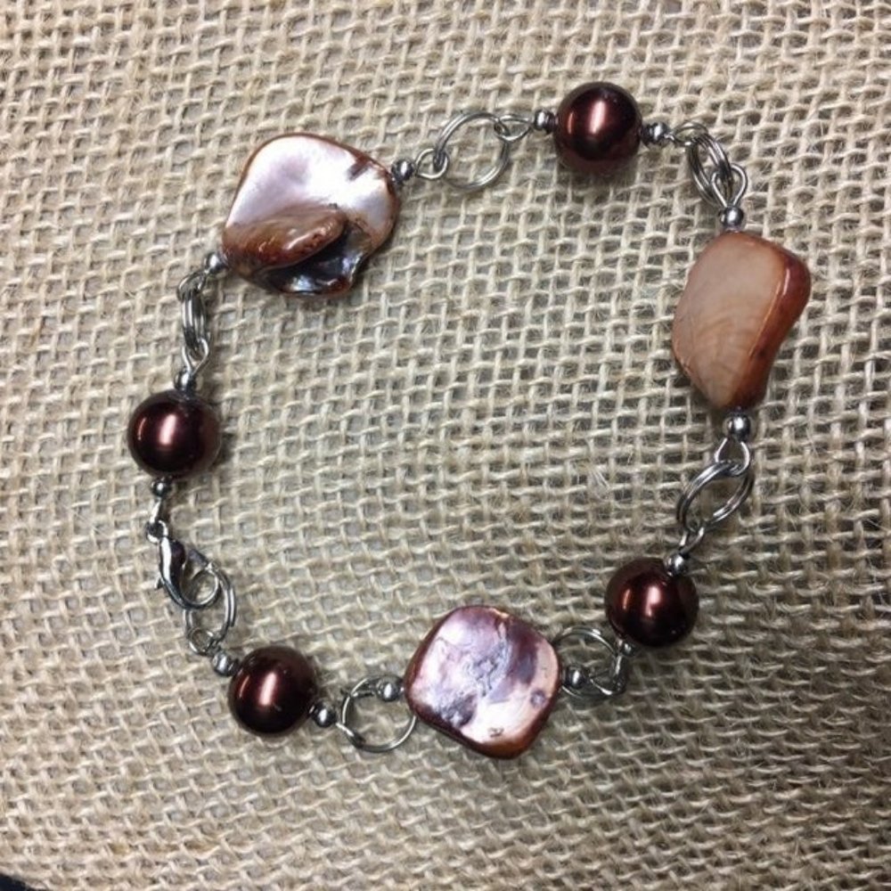 Brown Pearl Silver Bracelet MOP Shell Bead Copper Organic Round Retro BoHo